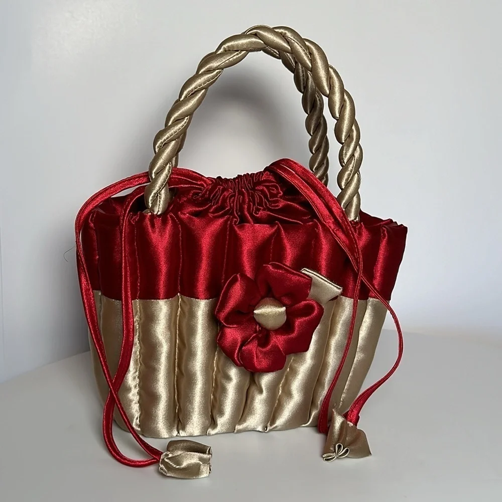 80s SATIN FLOWER BASKET cupcake purse twisted handle tie top bridal flower girl